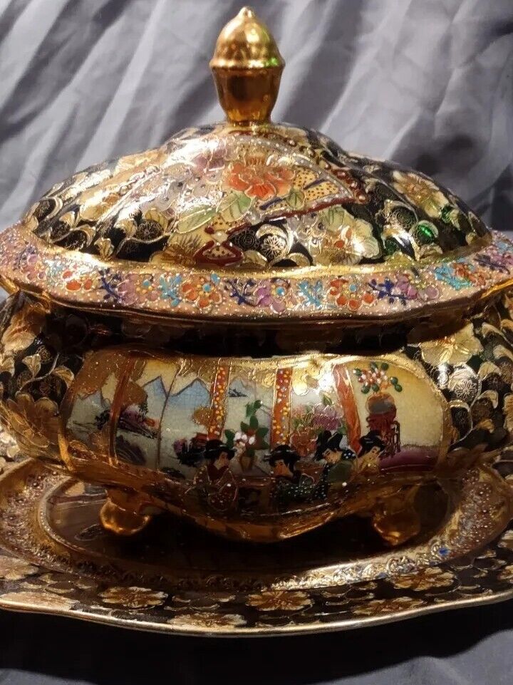 Vintage Satsuma Hand Painted Gold Gilded Bowl With Lid And Under Plate