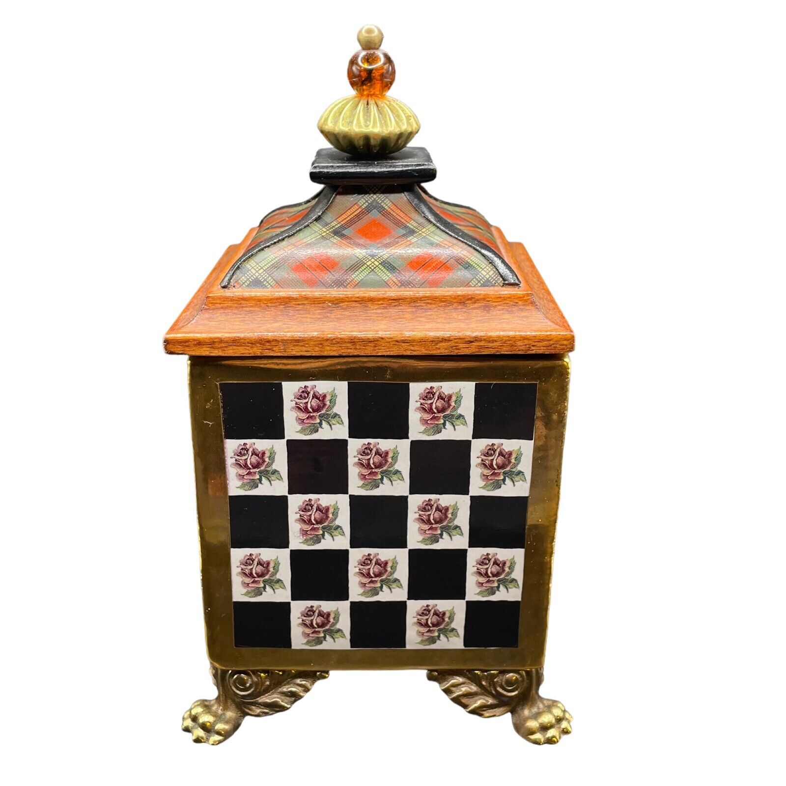 MacKenzie Childs Torquay Ceramic Redware Wood SMALL Covered Footed Canister VTG