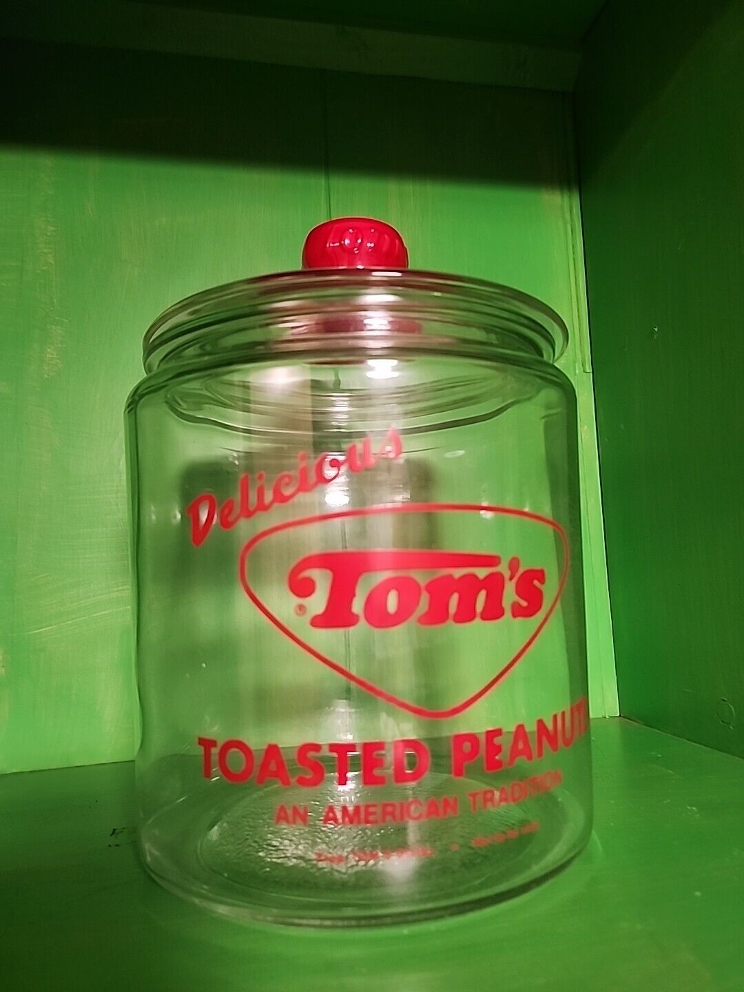 Vintage Tom’s Toasted Peanuts Glass Jar Clear Lid Red Handle Counter Display