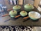 Vintage Avocado Green Club 9 Piece Aluminum Cookware Set Wood Handles Excellent