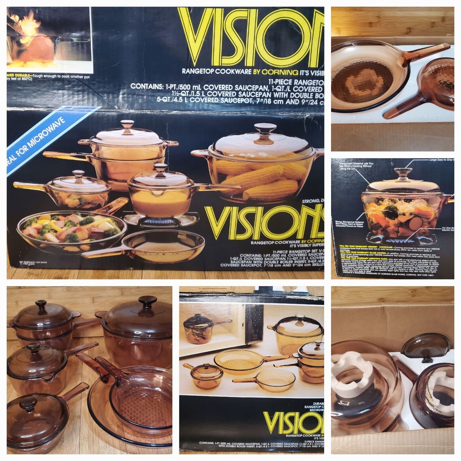 11pc VISION WARE Corning PYREX Original Box Set w/ RARE Double Boiler. See desc.