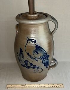 Rowe Pottery Works Stoneware Bird Decorated Handled Butter Churn Crock Lid 2001