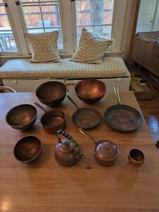 Vintage 9-piece set Portugal copper cookware pot pan tea kettle mixing bowl lot