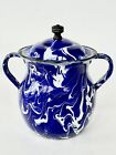 ANTIQUE COBALT BLUE SWIRL ENAMELWARE GRANITEWARE LIDDED HANDLES SUGAR CONTAINER