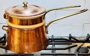 Vintage Hall 1084 Ceramic and Copper Double Boiler Brass Handles 3pc, Portugal