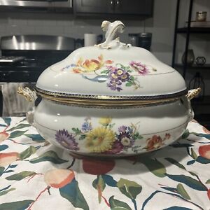Large Meissen Porcelain Tureen Cobalt Gold Scattered Flowers Crossed Swords