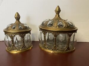 Vintage Brass & Blown Bubble Glass 9" and 7" Apothecary Jars Urn w/ Ornate Lid