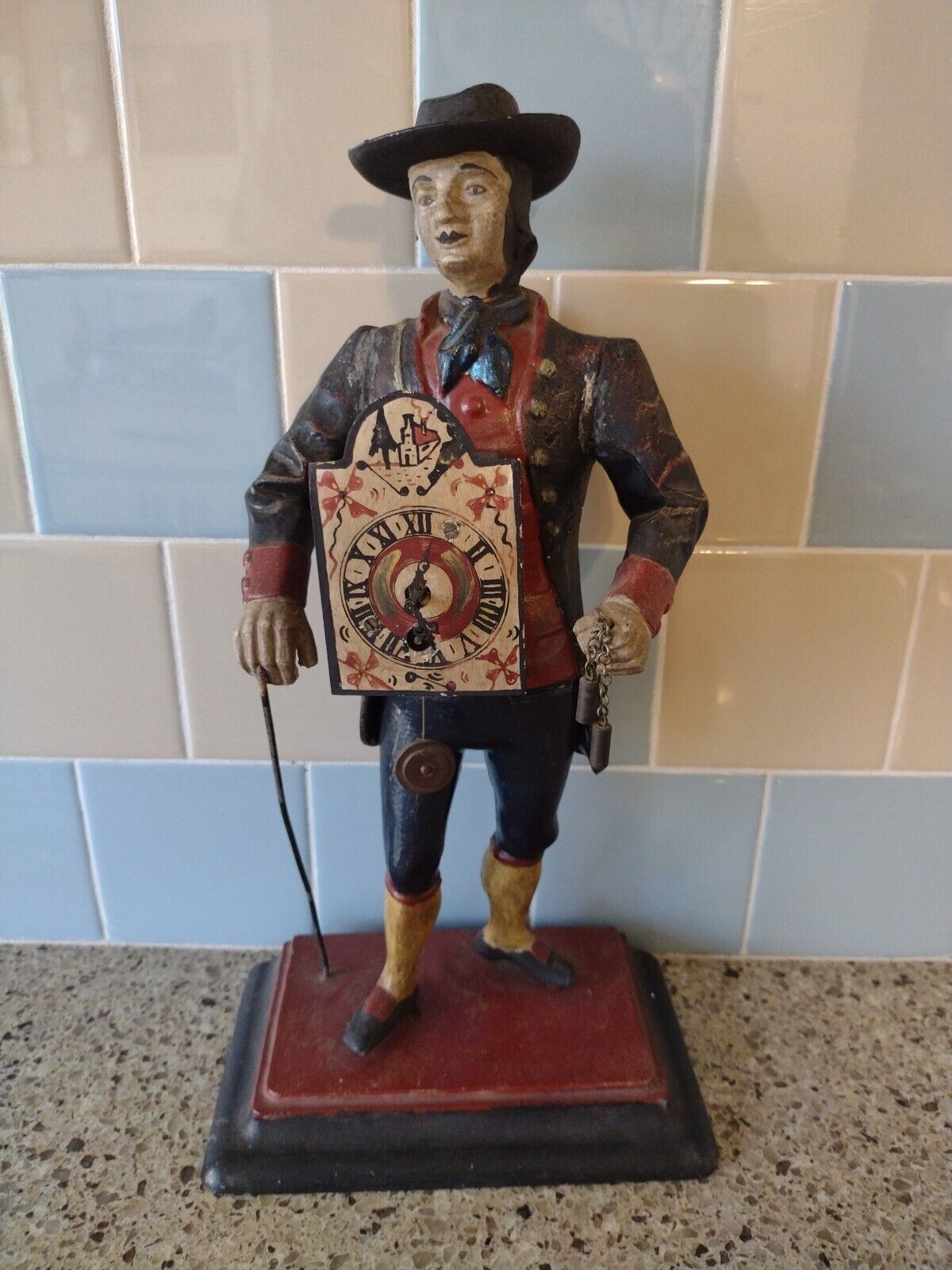 Vintage J.v.E Holland Metal Figure, Top Hat Dutch Peddler Clock Seller, 16" Tall