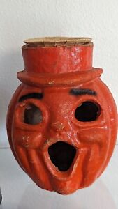 Vintage Rare Pulp Paper Mache Halloween Jack O Lantern Pumpkin Choir Boy w/Hat