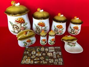 Vintage 1978 Sears Merry Mushroom Canister Set Salt Pepper Napkin Spoon Japan