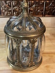 VTG Apothecary Jar Canister Hand Blown Caged Bubble Glass Cast Metal w/Lid 9”H