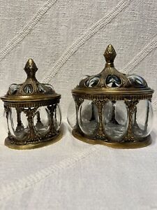 Vintage Brass & Blown Bubble Glass 9" and 7" Apothecary Jars Urn w/ Ornate Lid