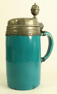 = RARE c. 1720 Nuremberg Turquoise Green Faience Beer Stain Tankard Pewter Lid