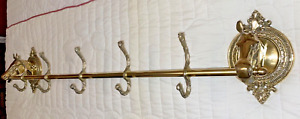 Vintage Mid Century Brass Horse Head Wall Coat Hat Rack Equestrian 5 Hooks