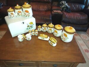 Set of 16 VINTAGE MUSHROOM CANISTER SET Bread Box Napkin Holders Mugs