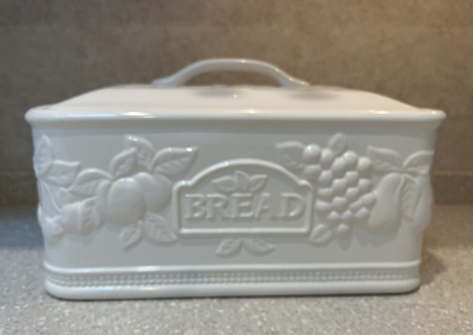 Portugal White Glazed Ceramic Bread Box Lid Embossed Fruit Design Vintage Rare