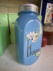 Vintage HOCKING Glass Fired-on Blue FLOUR Canister w/Factory Painted Flowers ?