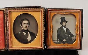 2 Antique Cased Sixth-Plate Daguerreotypes, Gentleman Stovepipe Top Hat, NR