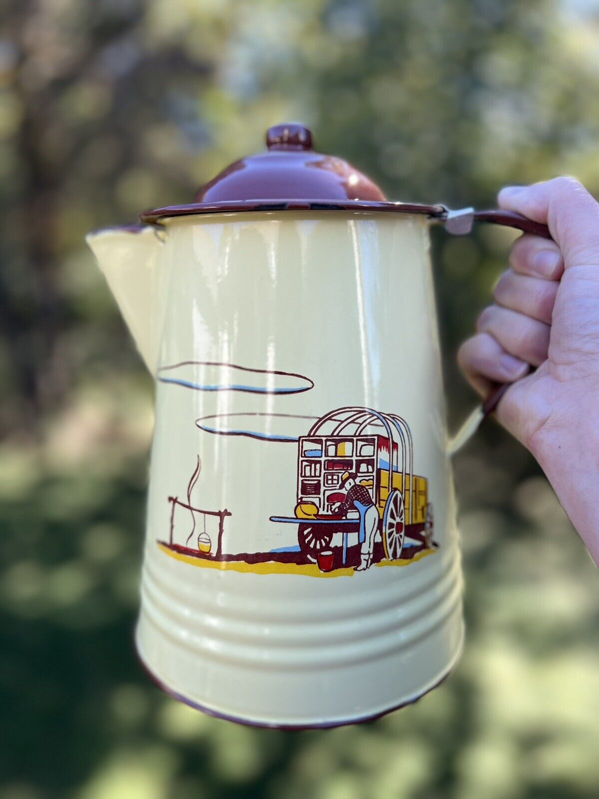 RARE MONTERREY WESTERN WARE Enamelware Lid Coffee Pot Chuck Wagon Double Clouds