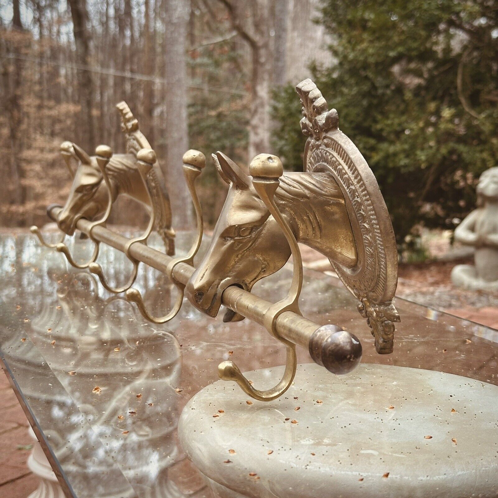 Vintage Brass Horse Head Hat Coat Rack w/ Five Hooks - 39" Long - Amazing