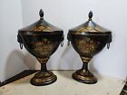 PAIR 18" Tole Painted FLORAL URNS Vintage LION HANDLES lids With Finials