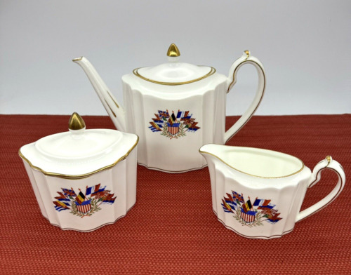 RARE SET WEDGWOOD Queens Ware LIBERTY CHINA Teapot Creamer Sugar Bowl Flags WWI