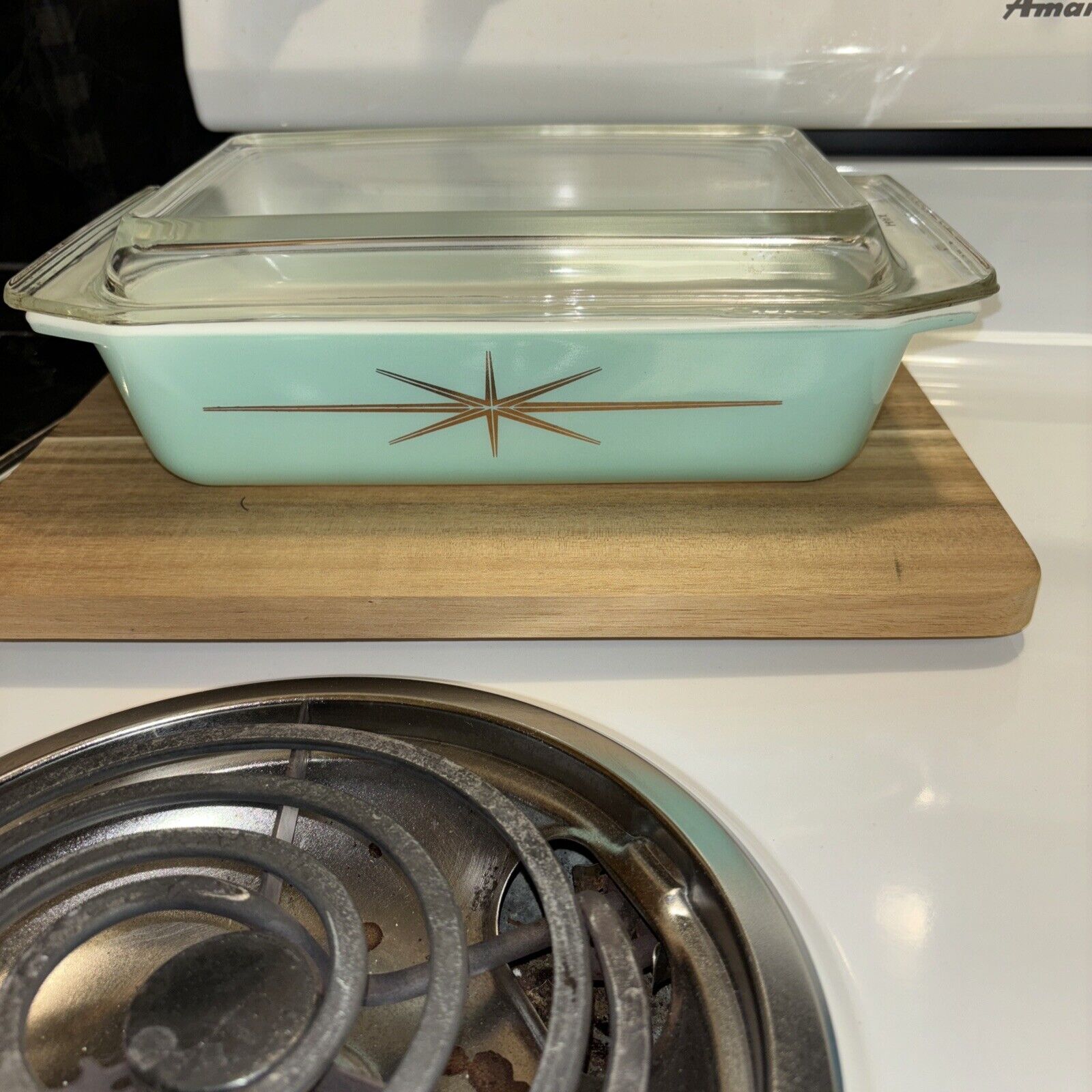 Vtg Pyrex Atomic Starburst 575-B Turquoise Gold 2qt Casserole With Lid MCM 1960