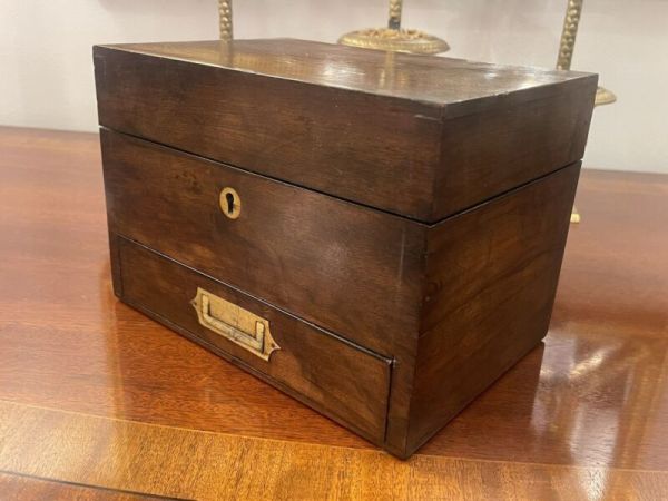 antique mahogany Campaign trinket box W/ compartment Drawer 1800s