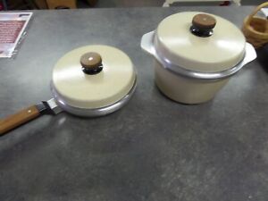 Vintage KF Kitchen Fair Cast Aluminum 8" Stock Pot and Skillet w Lids Almond