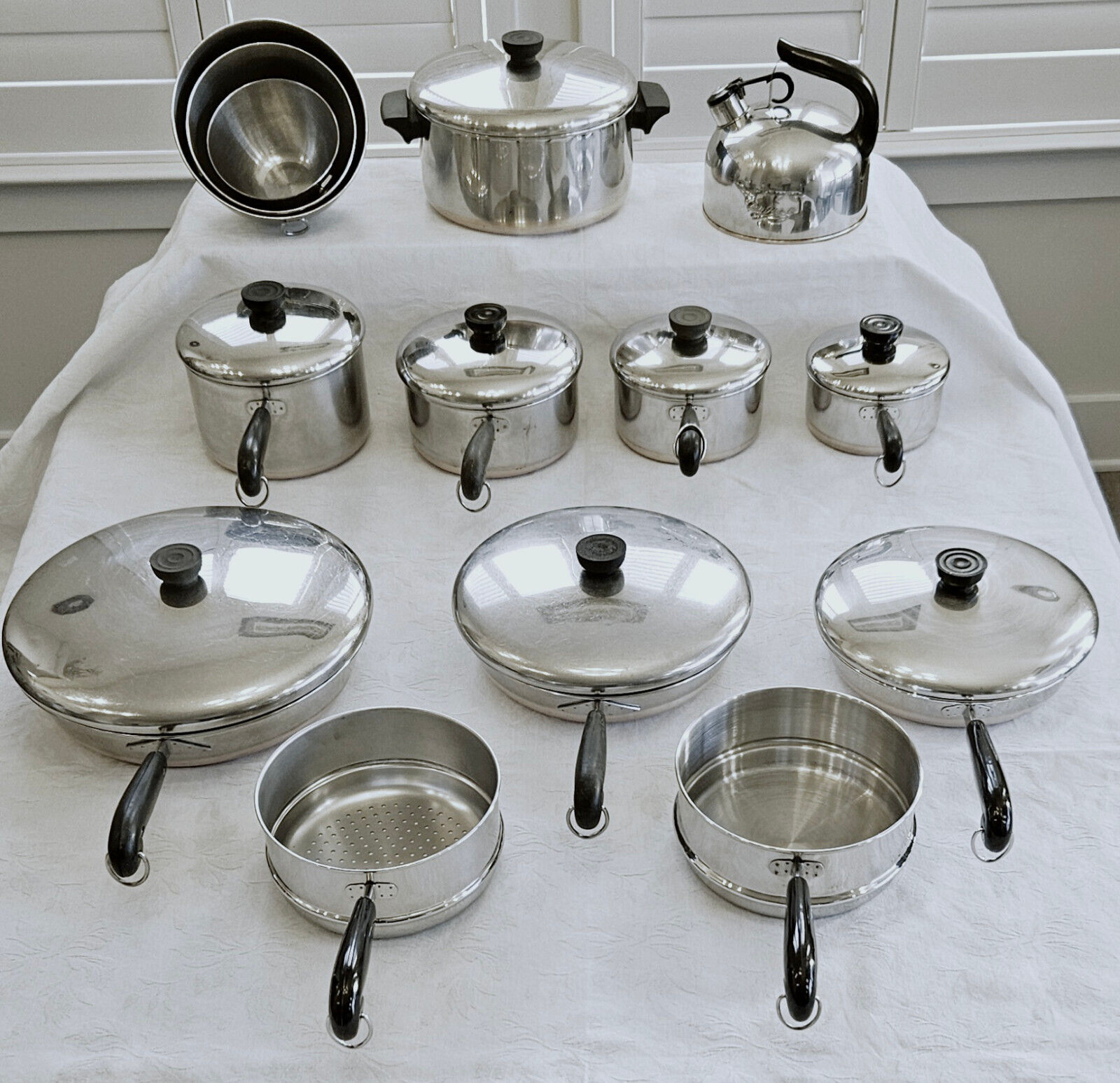 22 PC VTG REVERE WARE SS COPPER CLAD POT PAN SET ALL SIZES TEA POT MIXING BOWLS