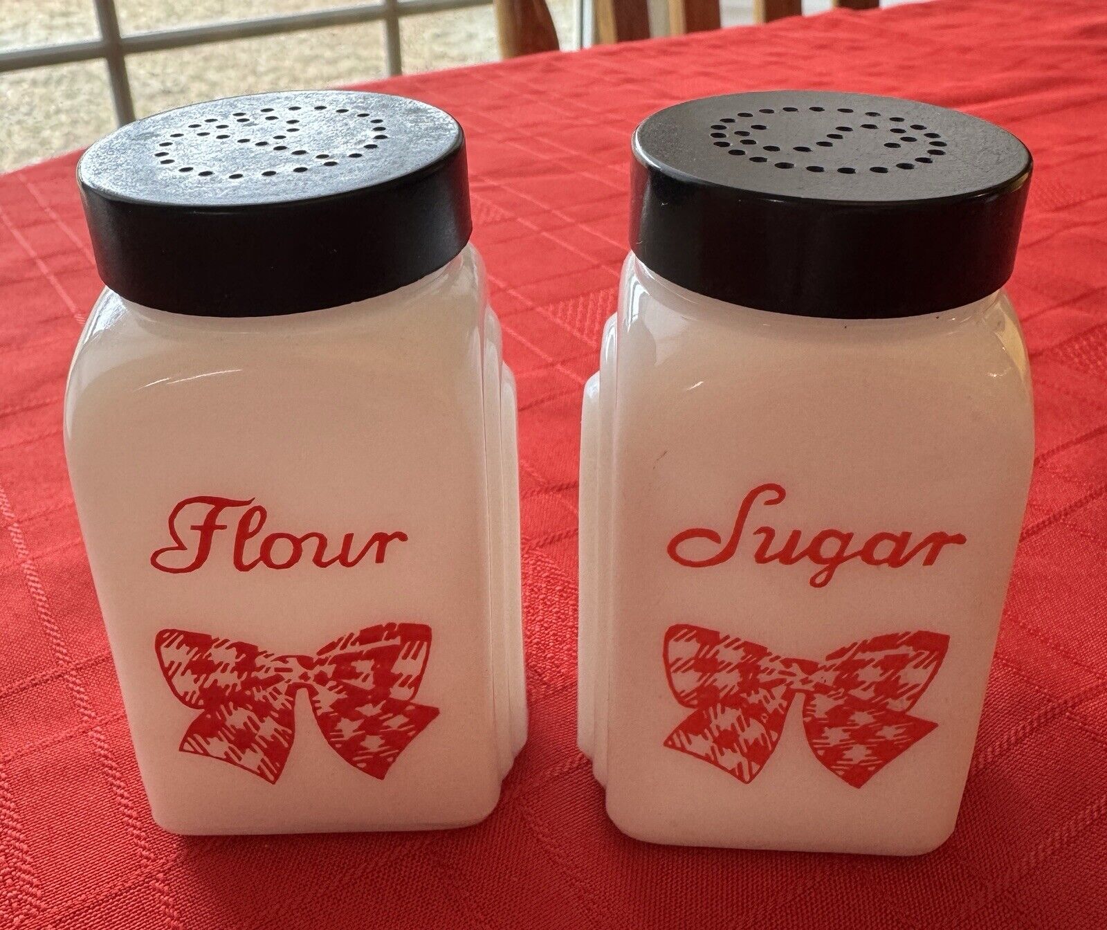 Rare Vintage McKee Red Gingham Bow Roman Arch Flour And Sugar Shakers