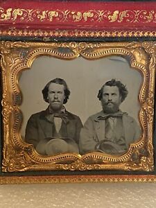 1/6 Plate Excellent Antique Daguerreotype Two Gentlemen Holding Hats Fancy Case