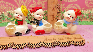 Vtg UCAGCO Christmas SNOWMEN SET OF THREE Candle Holders W RED HATS Chubby Faces