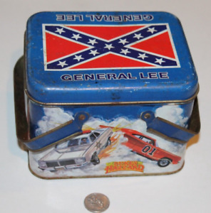 RARE 1980s Dukes of Hazzard Metal Lunch Box 6"x5" General Lee 1981 HTF Blue Nice