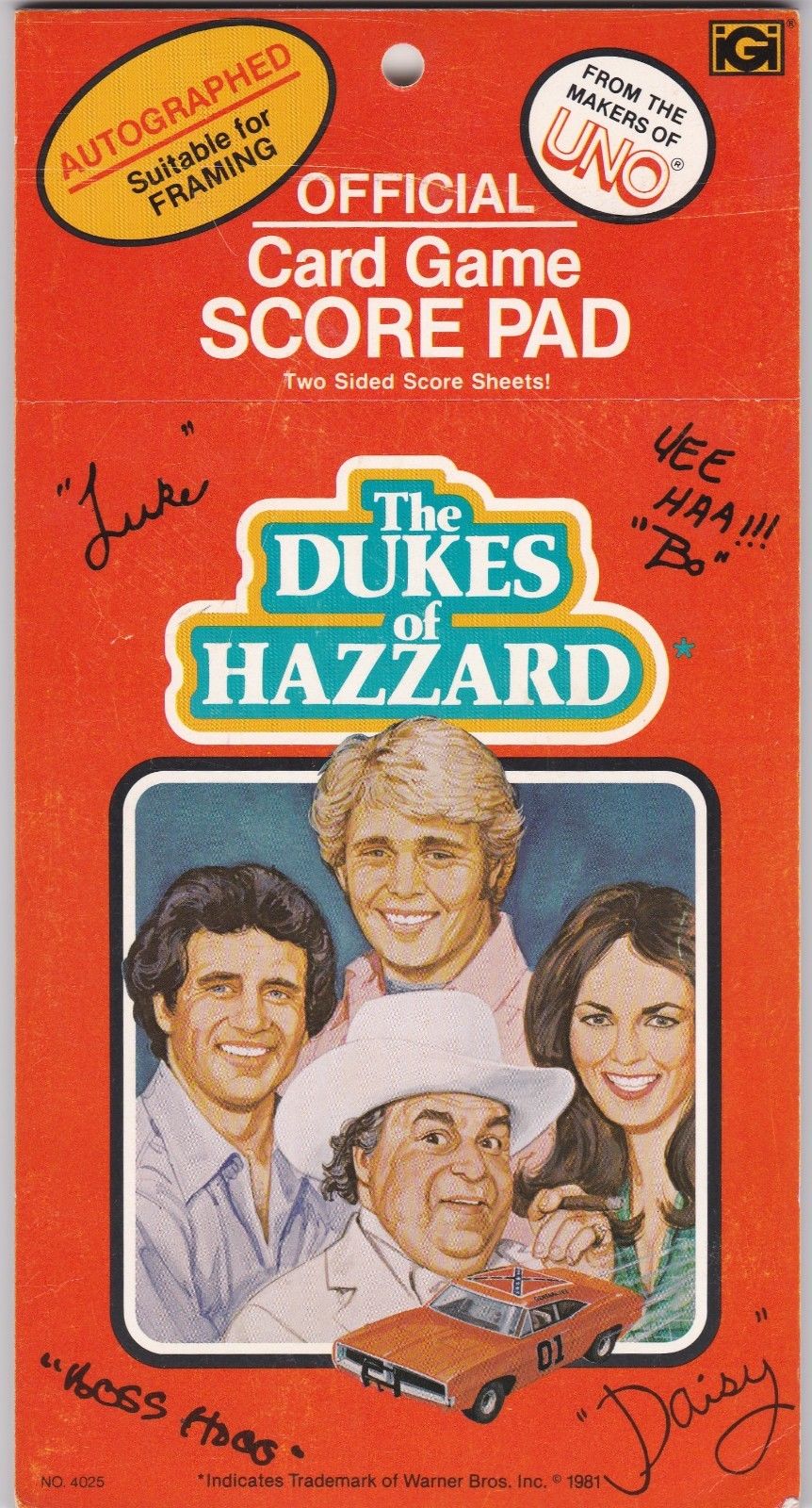 Dukes of Hazzard Card Game 1981 from the Makers of Uno - Official Score Pad