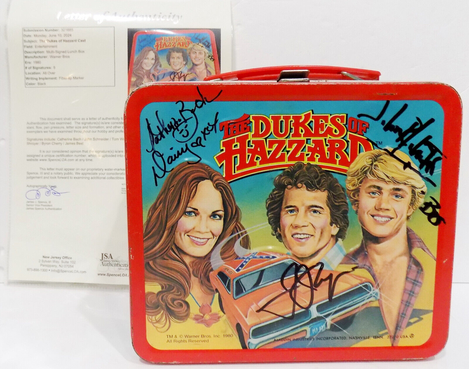 8 Signed DUKES OF HAZZARD Cast Autograph Inscribed Metal Lunch Box JSA ? LOA