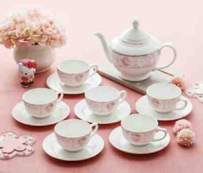 13PCS SANRIO HELLO KITTY Pink Gold Fine Bone China English Luxury Tea Teapot Set