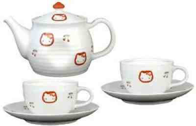 Hello Kitty Arita ware tea pot 2 cup saucer cherry design Sanrio pottery Kawaii