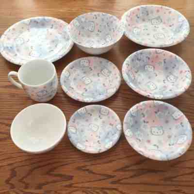 Vintage 1999 Hello Kitty Kidsland 9 Piece Dinner Set Sanrio Plates Bowls Cups