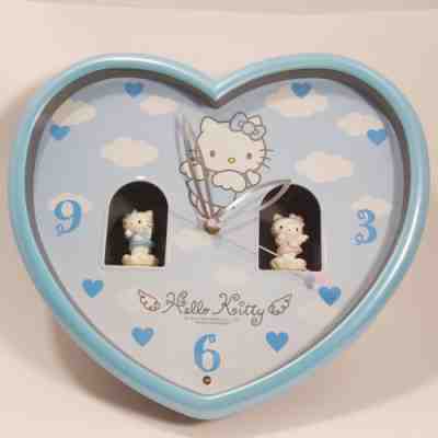 RARE 1998 Sanrio Hello Kitty Blue Angel Musical Clock w/Rotating Figurines