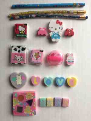 Sanrio Eraser & Pencil Lot Hello Kitty Pippo Pig Tweedle Dee Bear Adora Dotty