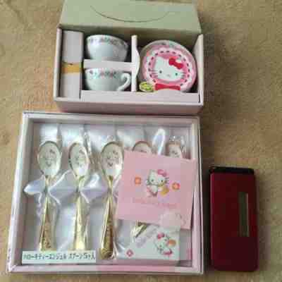 Sanrio Hello Kitty Tableware Set Tea Cups & Saucers + Kitty Angel 5 Spoon Set