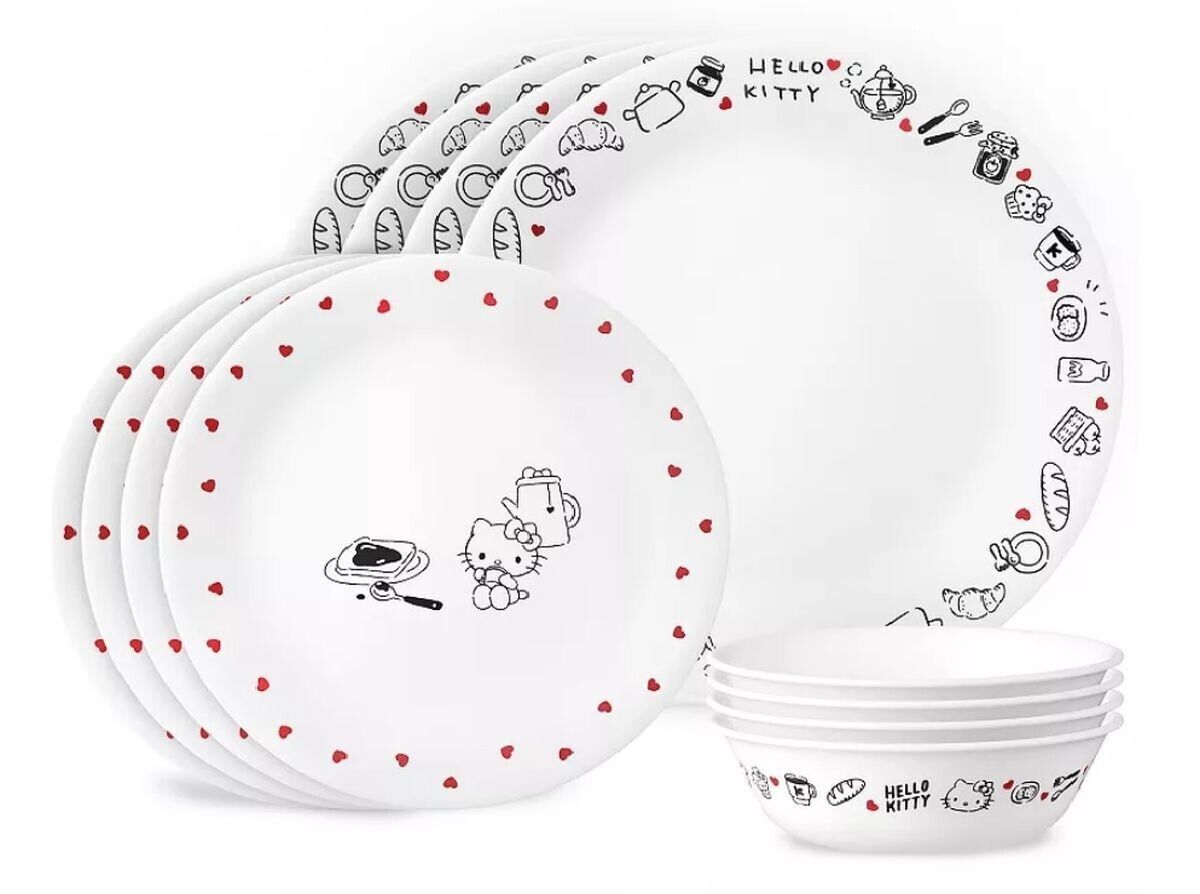 Hello Kitty Corelle Vitrelle Very Delicious 12 Piece Dinnerware Set NWT