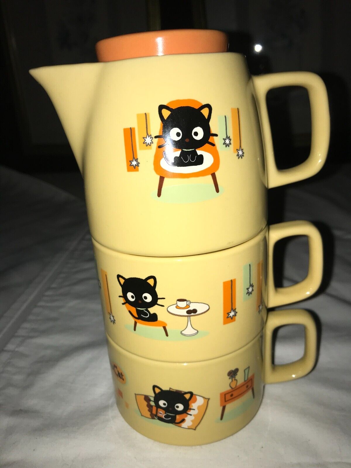 3pc Rare 2004 SANRIO Hello Kitty CHOCO CAT Hot Cocoa TEAPOT & MUG CUP SET 8"Tall