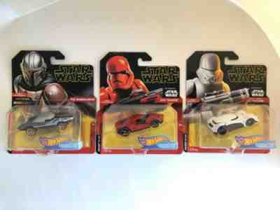 Hot Wheels Star Wars Set Mandalorian, Jet Trooper, Sith Trooper Character Cars