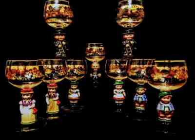 ð?? 9 RARE HTF HUMMEL WINE BLOWN GLASSES TRIMMED 14K GOLD GERMANY BY GOEBEL ð??