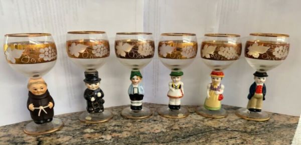 Vintage Goebel Hummel Figurine Cordial Wine Glasses w/ Gold Gilding Set of 6 NIB