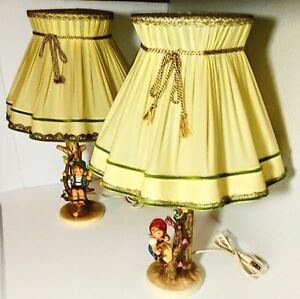 Pair Hummel Goebel Apple Tree Boy & Girl Table Lamps; Original Shades Excellent 