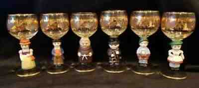 6 Vtg German Goebel Hummel Etched Grapes Crystal Stem Wine Glasses 24k Gold MINT