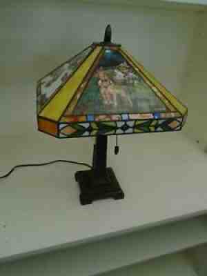 MJ HUMMEL LEADED GLASS LAMP, ARTS AND CRAFTS STYLE.